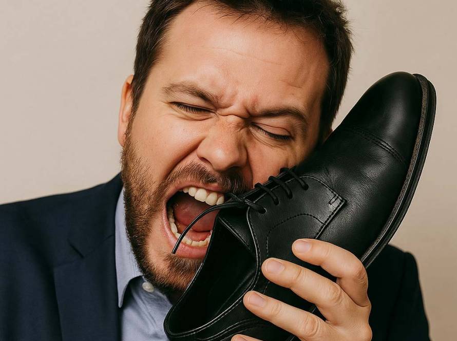 A frustrated man in a suit attempting to bite a black leather dress shoe, symbolising regret of the voetstoots clause.