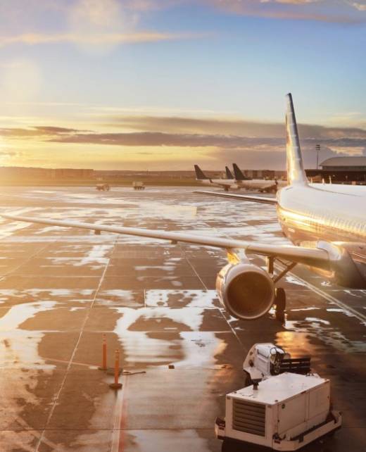 Airplane at an international airport terminal during sunrise, symbolising cross-border legal services and global legal representation by SWVG Inc.
